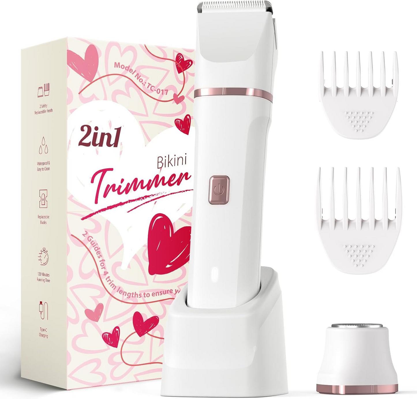 Bikini Trimmer for Women - Painless Electric Razors for Silk Skin,Cordless Body Shaver for Trip,Replaceable Lady Facial Razor, IPX7 Waterproof&Easy Cleaning, Ceramic Blade, USB Charge Dock Pink